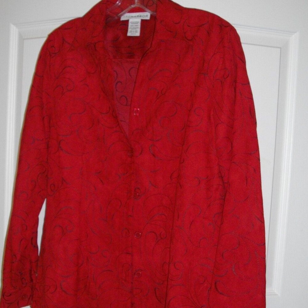 women's Sag Harbor suede-look embroidered shirt, red with black detail. Small.